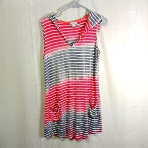 Venus Striped Hooded Cover Up Dress Red Gray Size S